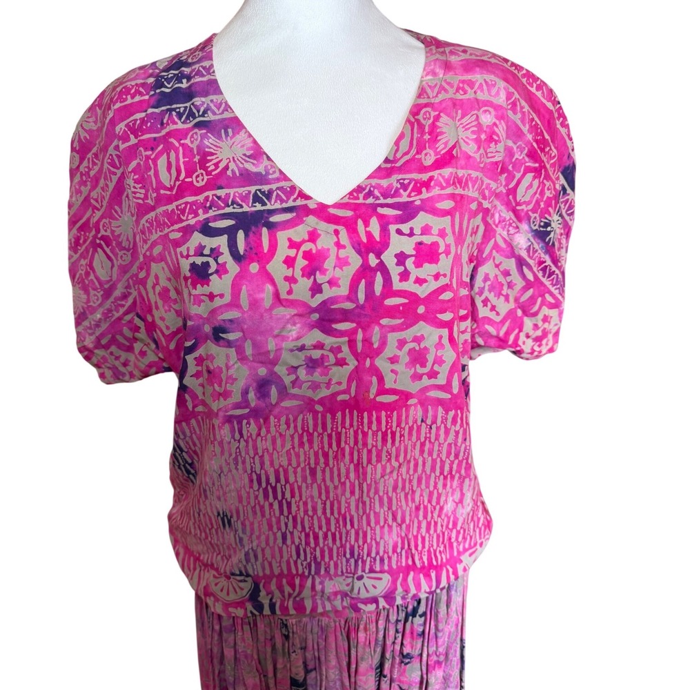 Scarlet Lane Vintage 2 Piece Set Pink Purple Batik Rayon Top Maxi Skirt Womens M